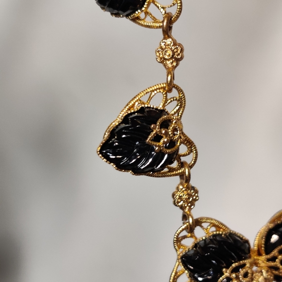 Signed Germany Filigree Hearts Black Molded Glass Necklace - Picture 14 of 15